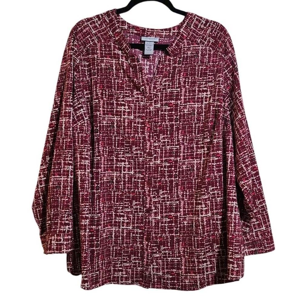 Catherines Button Up Top Womens Plus Sz 1X Wine Pink White Long Sleeve Bohemian